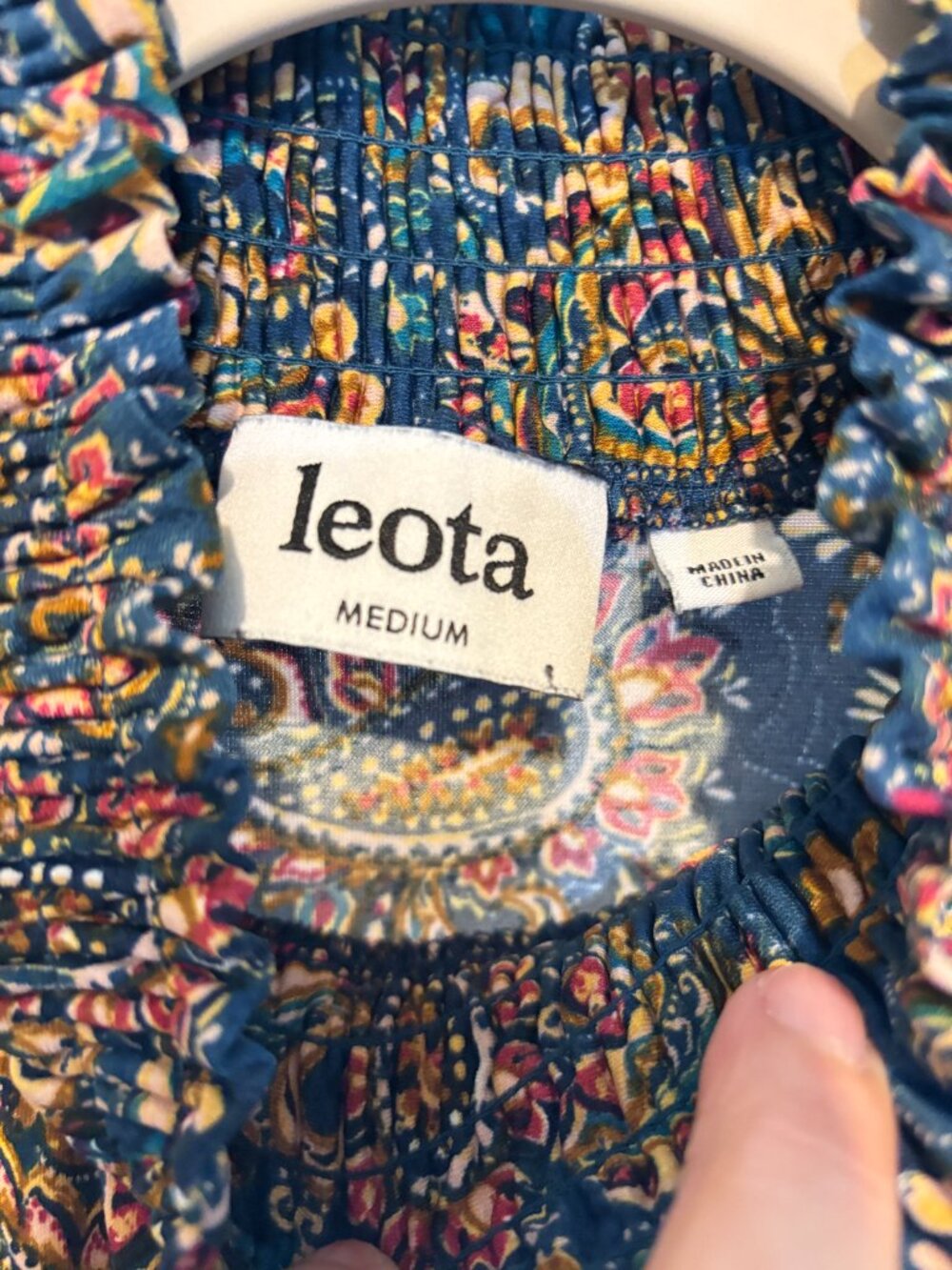 Leota Teal Blue Paisley Smocked Ruffle Neck Long Sleeve Tiered Dress - Picture 4 of 12